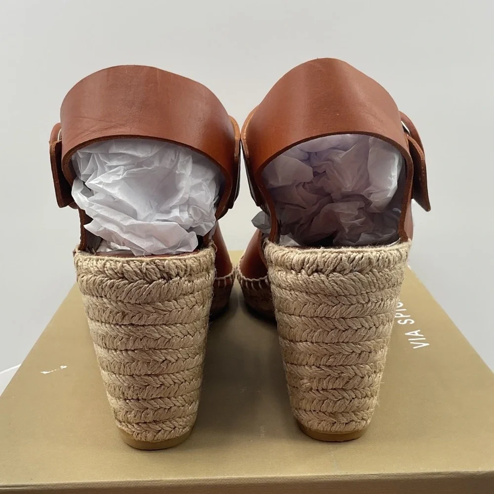 Via‎ Spiga Tan Brown Leather Espadrille Wedge Sandals Platform Buckle Open Toe